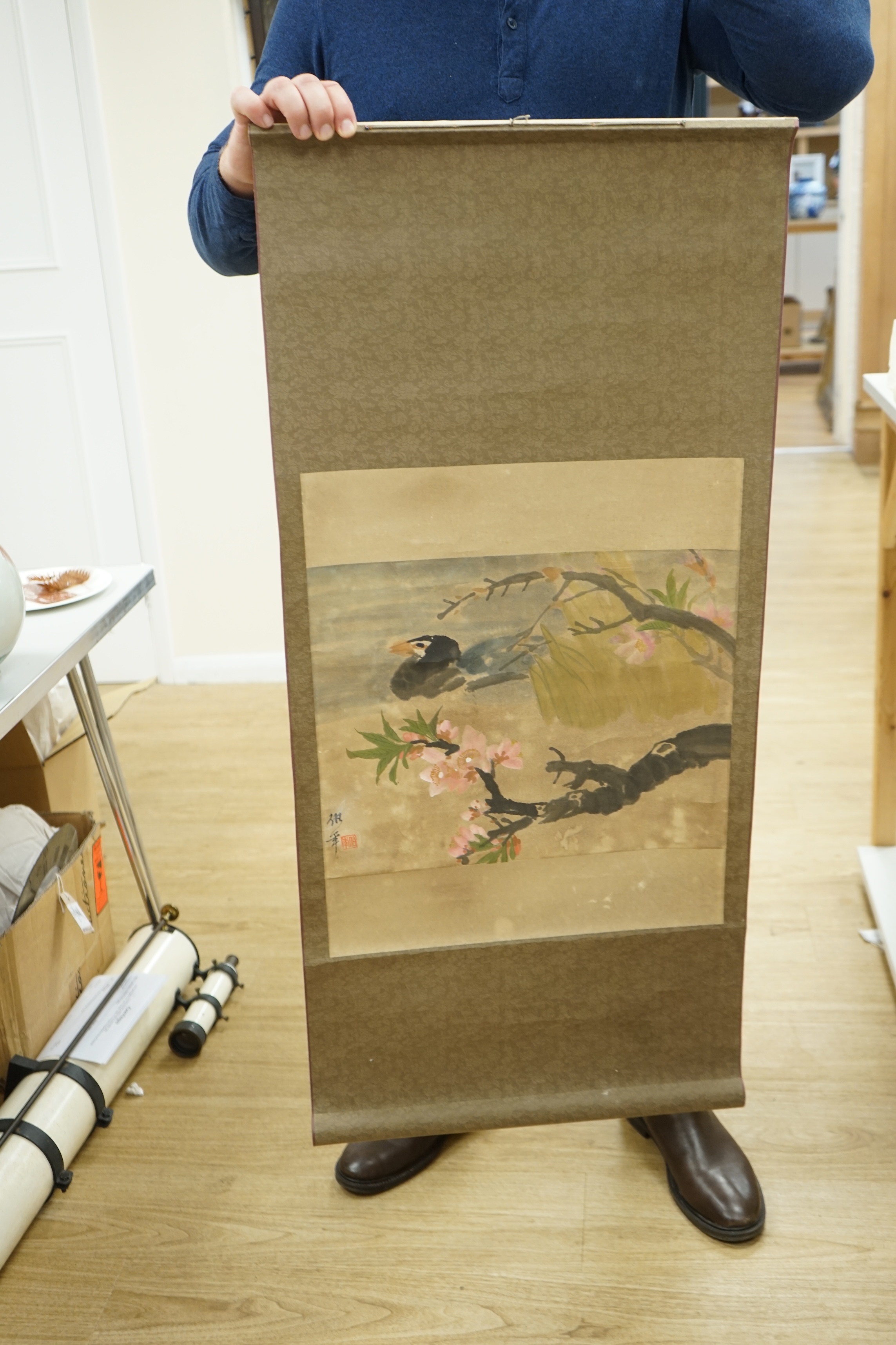 Style of Ren Yi Rei Bonian, a scroll painting of ducks. Condition - fair, some general creasing and staining